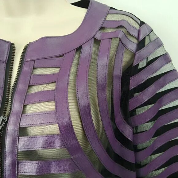Chicos Travelers Purple Faux Leather Black Mesh Structured Dress Blazer Jacket L - Picture 6 of 9